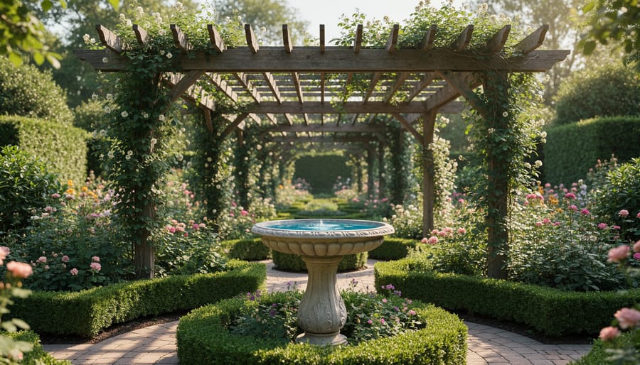 Pergola and trellis covered in vines with stone edging and a decorative birdbath in the garden foreground.