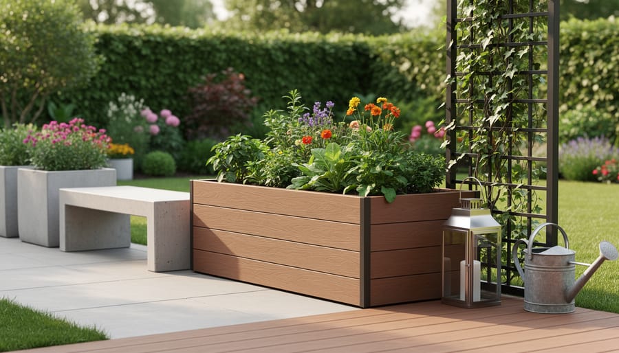 Raised container garden with durable materials including wood or composite boards, concrete stepping stones, and a metal lantern in a home yard.