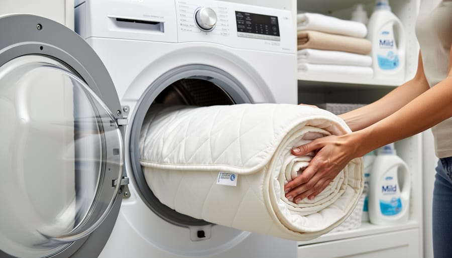 Removable mattress cover being loaded into a washing machine