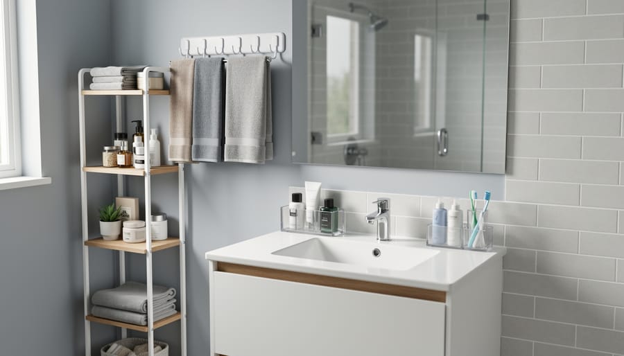 Organized small bathroom with renter-friendly freestanding shelving, non-drill towel storage, and clear bins for toiletries on a compact vanity.