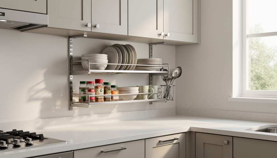Rolling cart and storage bins in a renter-friendly kitchen nook showing the setup loaded with kitchen essentials.