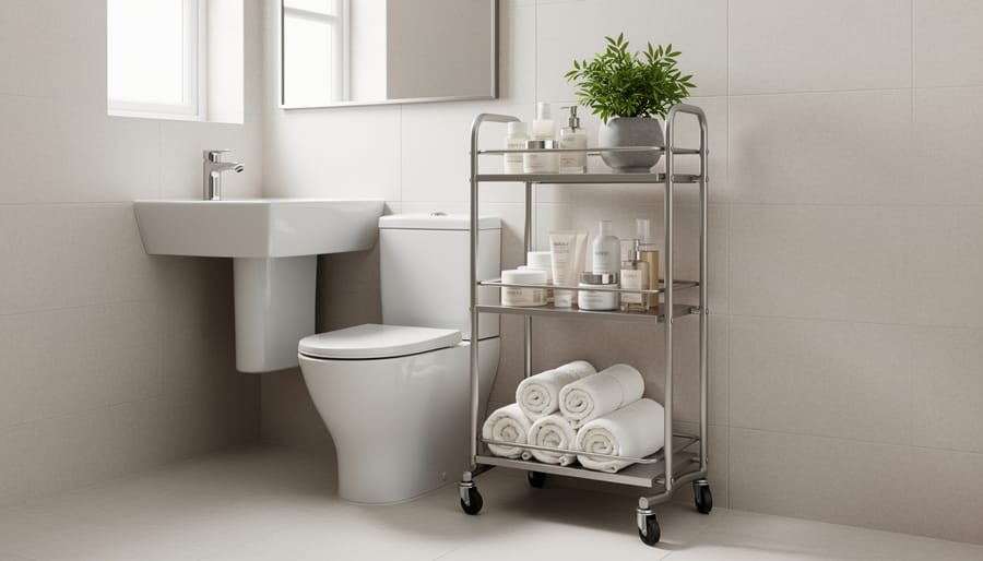Slim rolling storage cart next to a small bathroom vanity holding towels and toiletries.