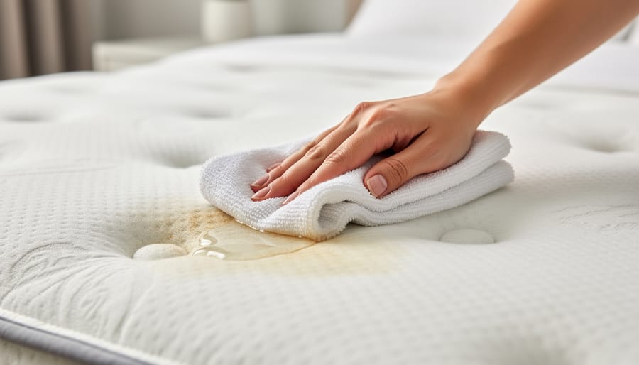 Spot cleaning a mattress cover with a cloth and mild soapy water