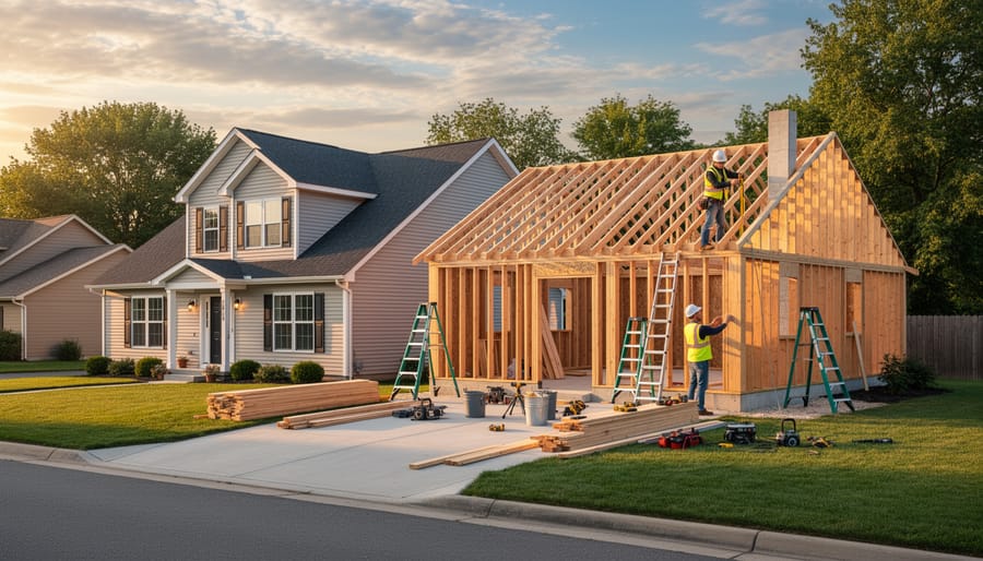 Suburban home exterior showing a partially finished rear addition framed and sheathed for expansion.