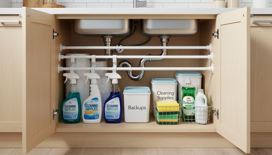 Tension rods installed inside a vanity cabinet holding neatly folded cloths and a small tray.