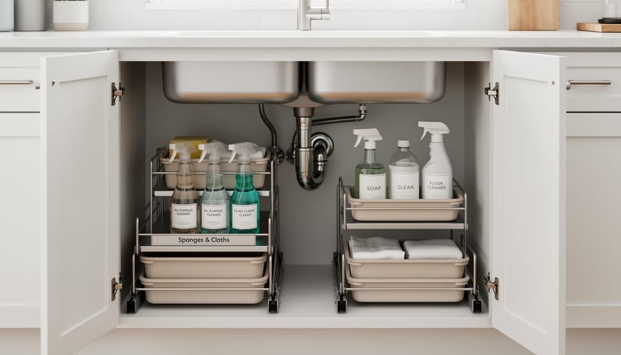 Under-sink organizers with stackable bins and pull-out drawers neatly arranged around bathroom plumbing.