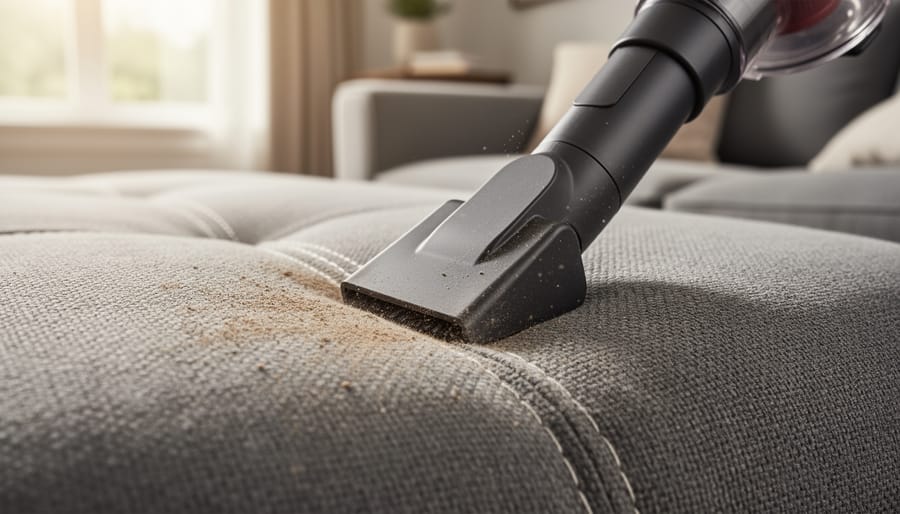 Vacuum cleaner cleaning mattress seams with an upholstery crevice tool
