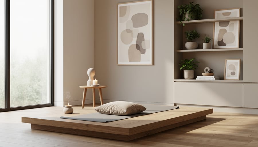 Meditation corner with yoga mat, bench, and warm lighting in a home wellness space