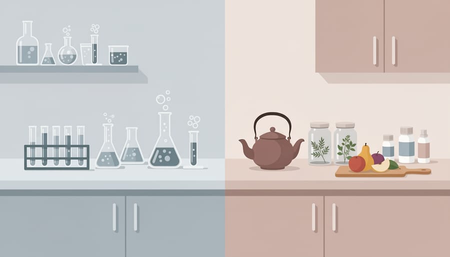 Laboratory glassware placed among everyday home wellness items to symbolize a mismatch