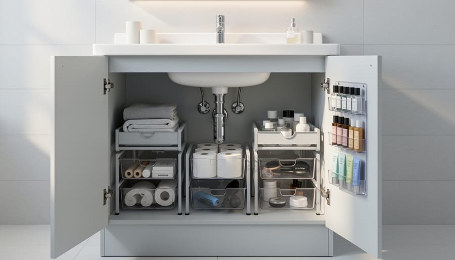 Organized bathroom vanity cabinet under the sink with pull-out drawers and stackable bins arranged around plumbing pipes.