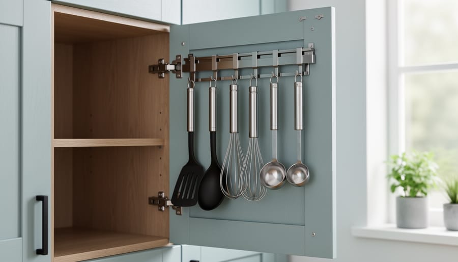 Door-mounted rack on an under-sink cabinet holding small bathroom tools and accessories.