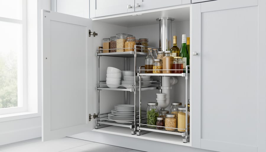 Expandable under-sink shelving unit fitted to the cabinet with multiple tiers and bottles arranged neatly around plumbing.
