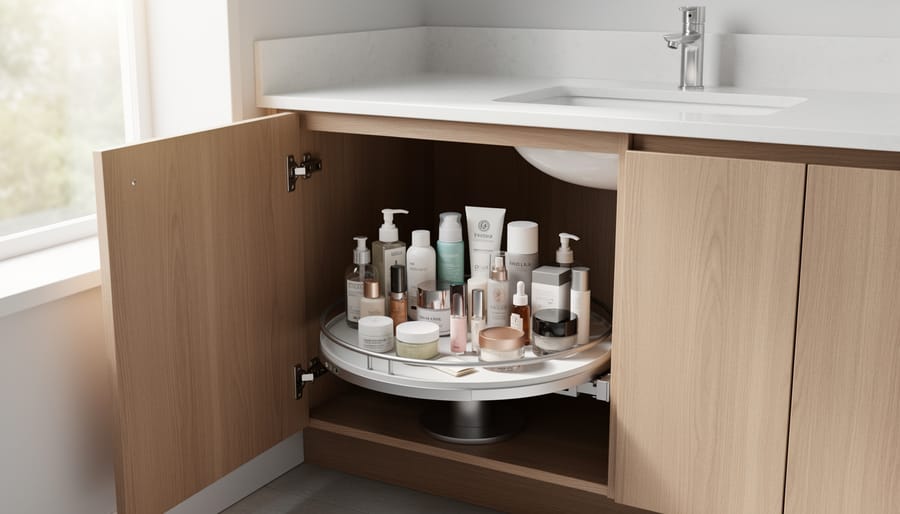 Rotating Lazy Susan turntable under a bathroom sink corner cabinet with lotions and small bottles neatly arranged.