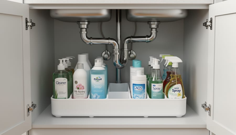 Over-the-pipe organizer under a bathroom sink fitted around curved plumbing with cleaning products on shelves.