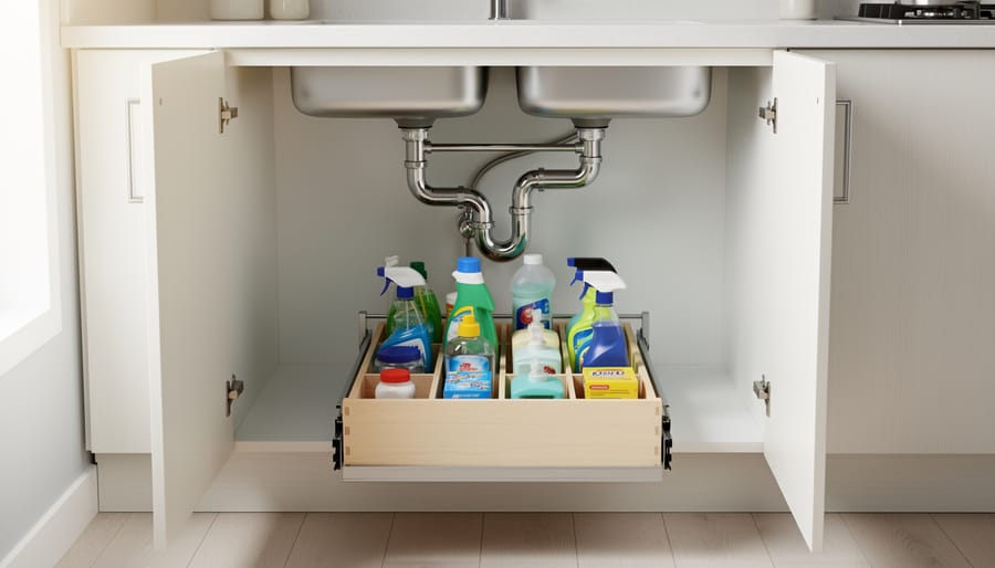 Pull-out sliding drawer under a bathroom sink showing organized cleaning supplies and hair tools around the plumbing.