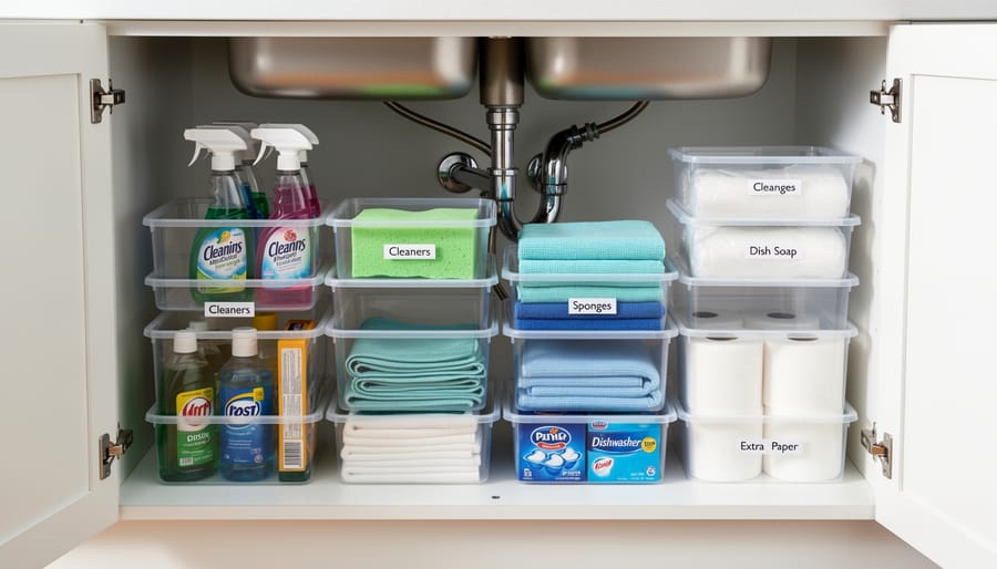 Clear stackable bins inside a bathroom under-sink cabinet organizing skincare and grooming items around plumbing.
