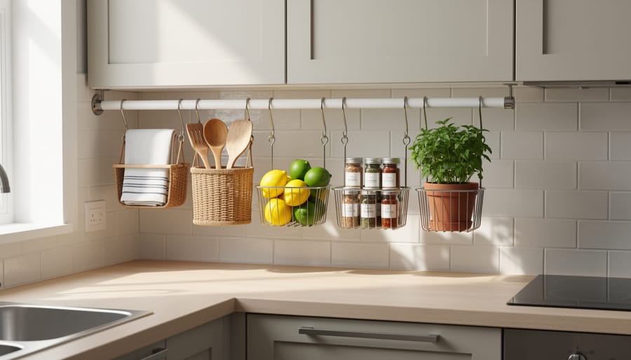 Tension rod divider and hanging baskets inside a bathroom under-sink cabinet holding bottles and hair tools.