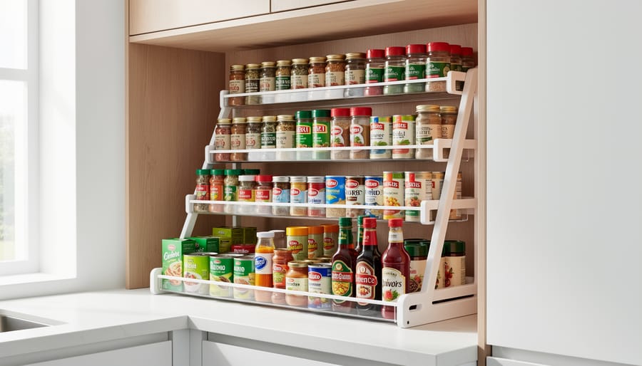 Tiered shelf risers inside a bathroom under-sink cabinet maximizing vertical storage with toiletries on multiple levels.