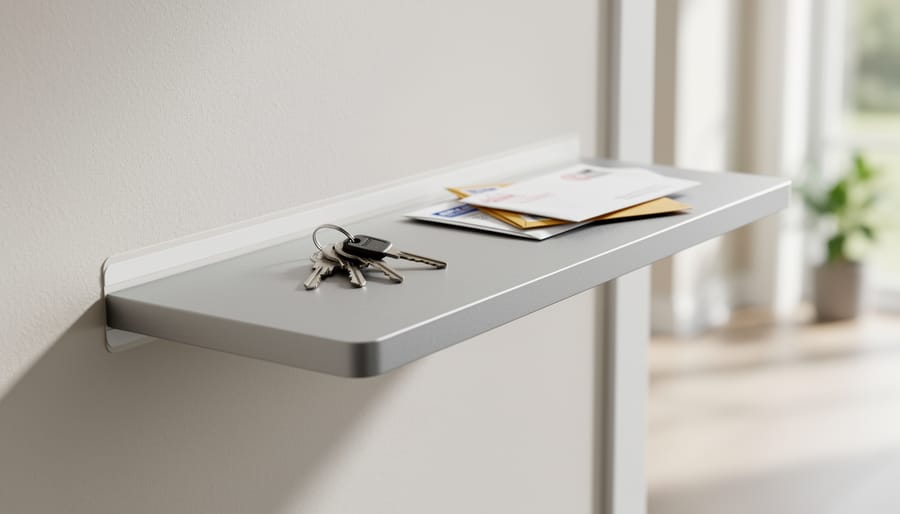 Adhesive floating shelf on a painted wall holding keys and mail in an entryway