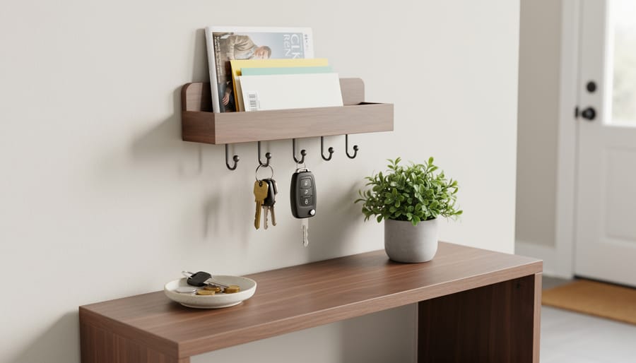 Adhesive-backed key and mail organizer with keys on hooks and letters in a tray