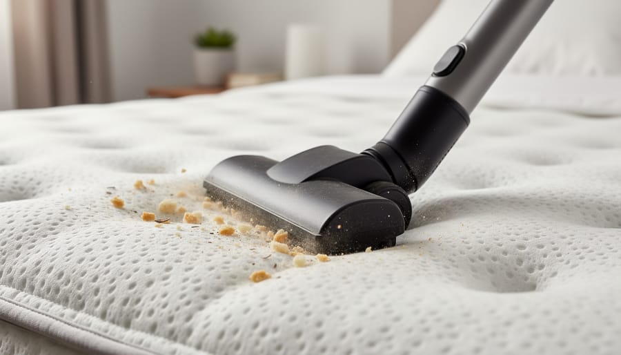 Cordless vacuum nozzle cleaning the surface of a foam mattress