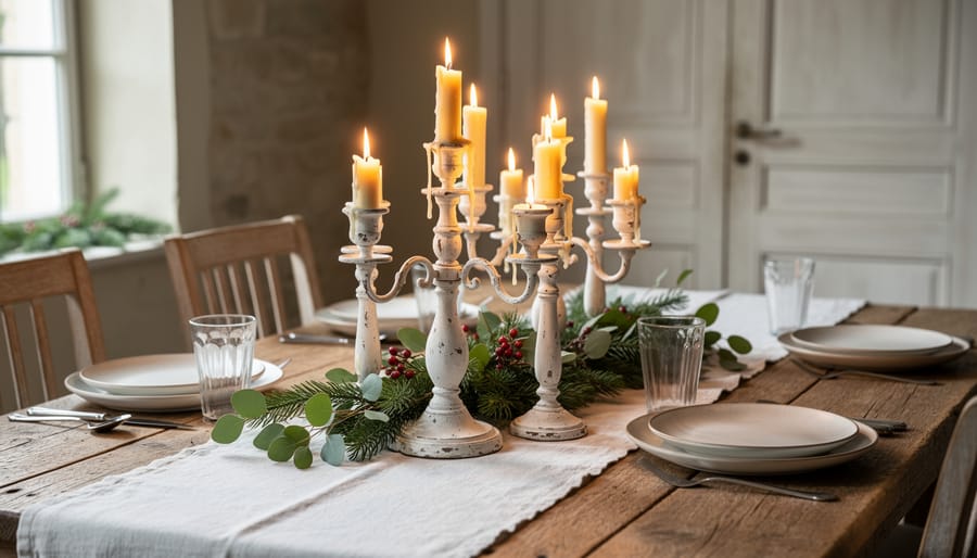 Antique white candlesticks and candelabra arranged as a French country Christmas centerpiece