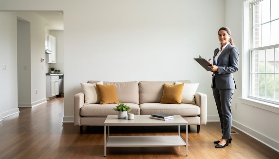 A real-estate agent stands in a clean, decluttered living room with natural light, reviewing details for a cash buyer viewing.