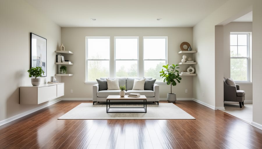 Neatly arranged cleaning supplies and tools in a bright, decluttered living room.