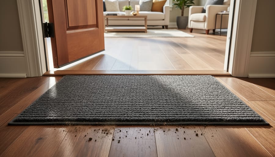 Dirt-trapper style door mat at a home entrance showing textured fibers