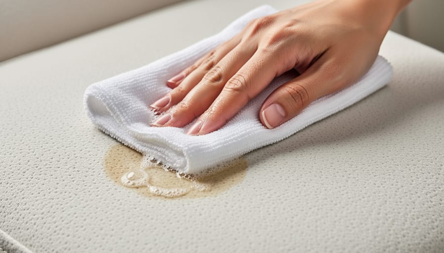 Microfiber cloth blotting an enzyme cleaner-treated dark stain on a foam mattress cover
