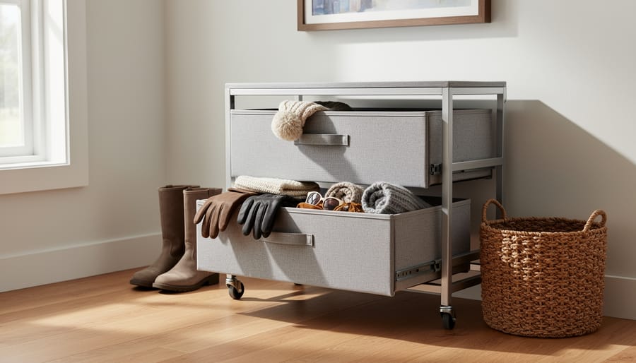 Fabric drawer dresser in an entryway with folded hats and gloves stored in drawers
