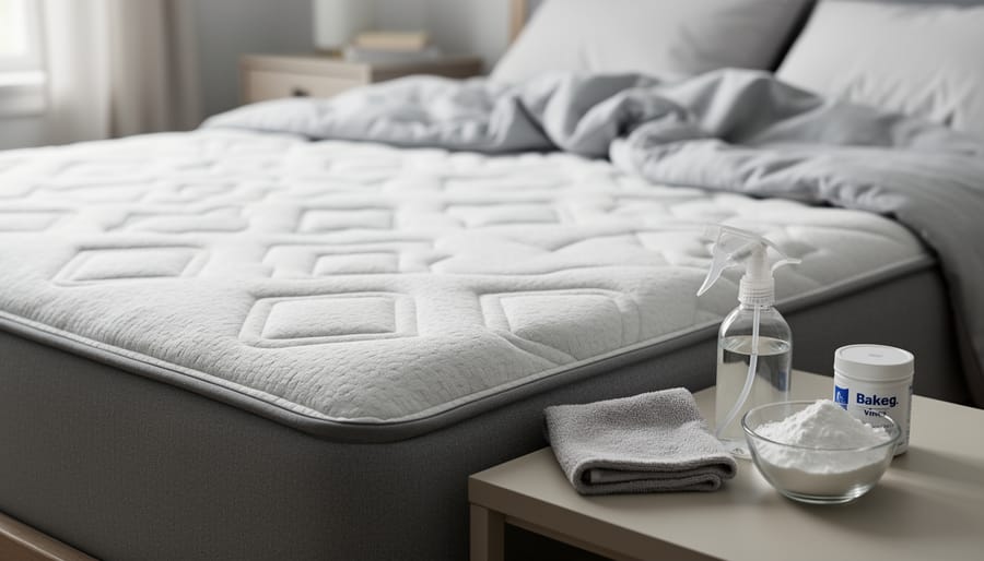 Close-up of cleaning supplies—cloth, spray bottle, white vinegar, and baking soda—arranged near a foam mattress on a bedroom floor for gentle stain and odor removal.