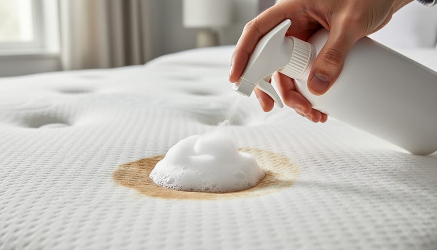 Hand applying white foam cleaner to a spot on a light-gray foam mattress cover