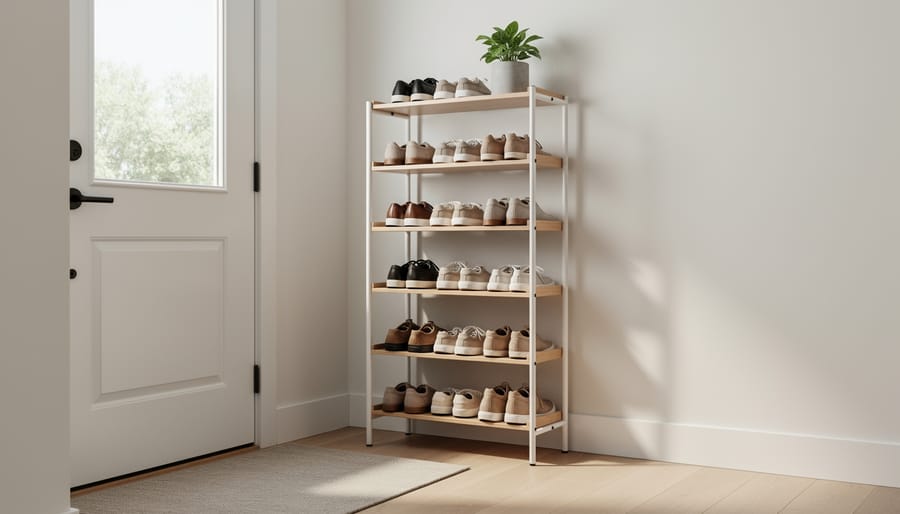 Freestanding multi-tier shoe rack in a narrow entryway corner with shoes neatly placed