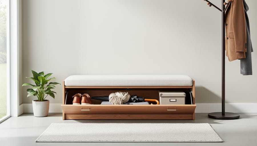 Freestanding entryway storage bench with seating and hidden compartment for small items