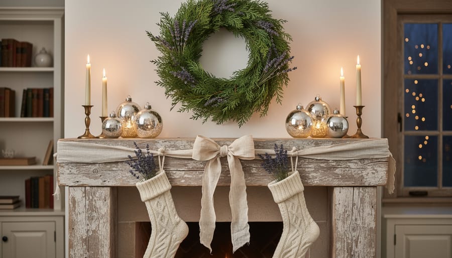 French country Christmas mantle with cream stockings, lavender sprigs, evergreen wreath, and glowing mercury-glass ornaments beside candlelight.