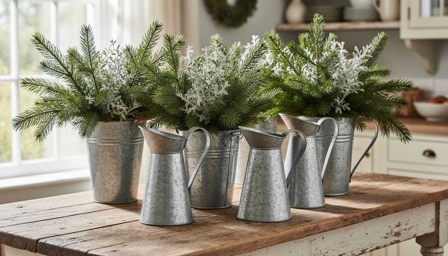 Galvanized metal containers filled with fresh evergreen branches in a rustic entryway