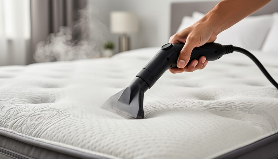 Handheld steamer held slightly away from a foam mattress surface with steam rising in between