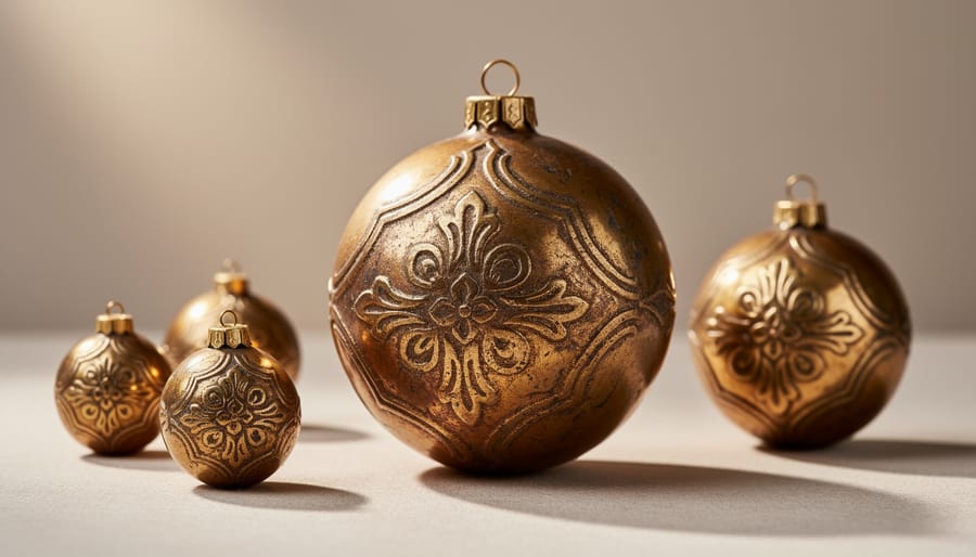 Heirloom-quality brass metal ornaments arranged on a velvet tray