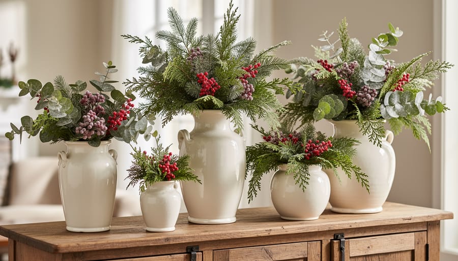 Ironstone and white ceramic pieces arranged with greenery and berries on a console table