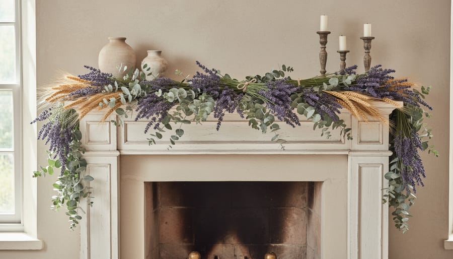 Lavender and dried flower garland with wheat and eucalyptus draped across a linen-covered mantel