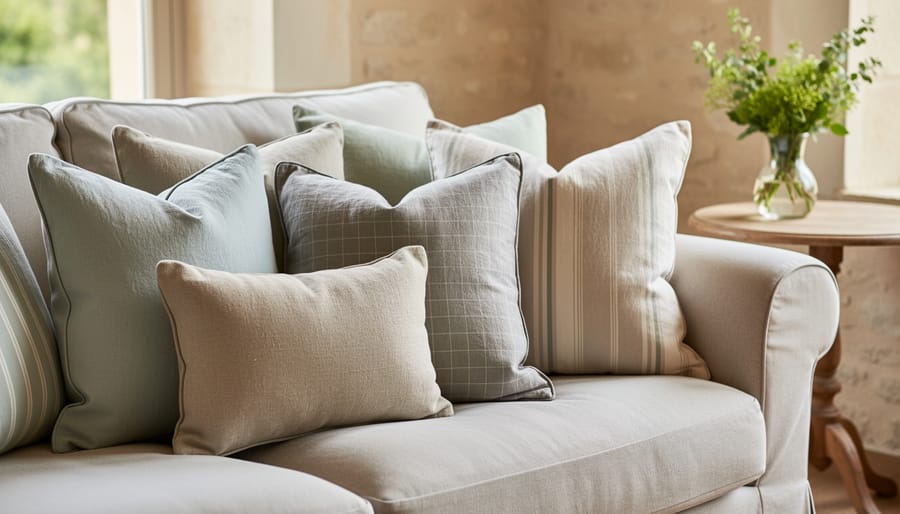 Linen and cotton blend decorative pillows with muted toile and botanical patterns on a cream sofa