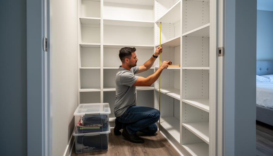 Person measuring a small closet shelf with a measuring tape for accurate storage planning.