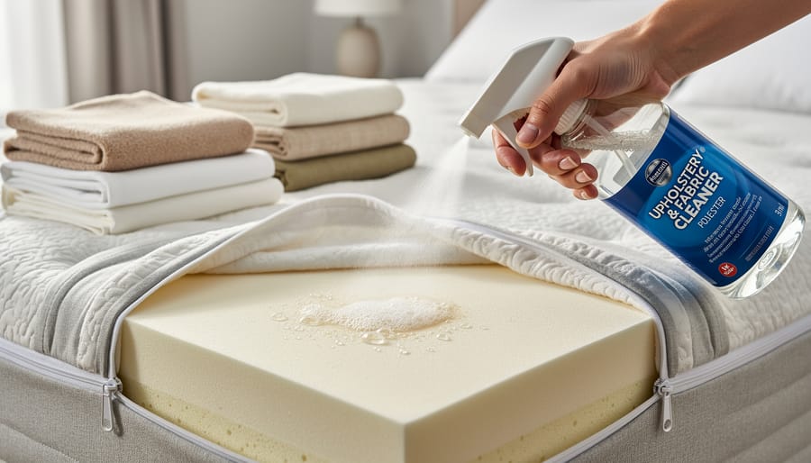 Spray bottle and sponge preparing to treat a small stain on a fabric mattress cover