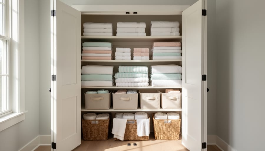 Organized small linen closet with neatly folded towels and sheets, shelf risers, and stackable bins visible.
