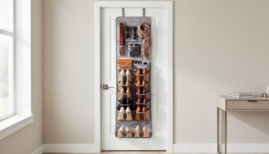 Over-the-door shoe organizer hanging on a door in a bright rental entryway with shoes stored in pockets
