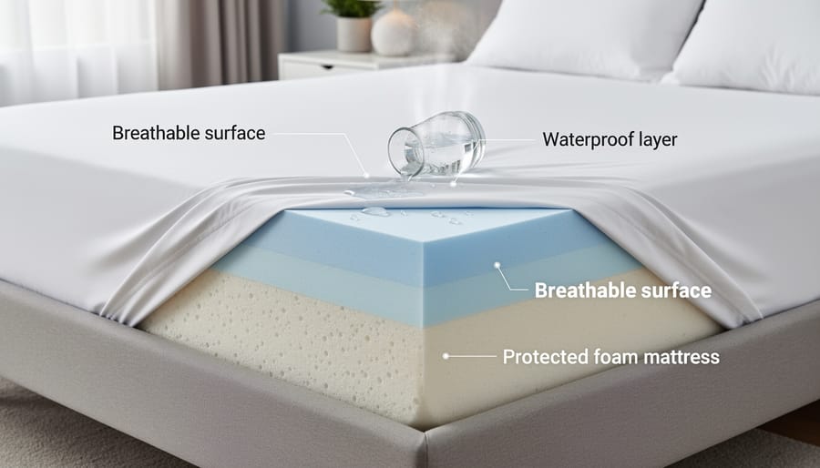 Hands adjusting a waterproof breathable mattress protector on top of a foam mattress