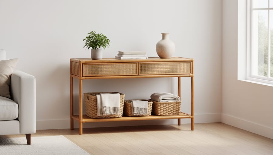 Rattan entryway table with surface decor and an under-table woven basket