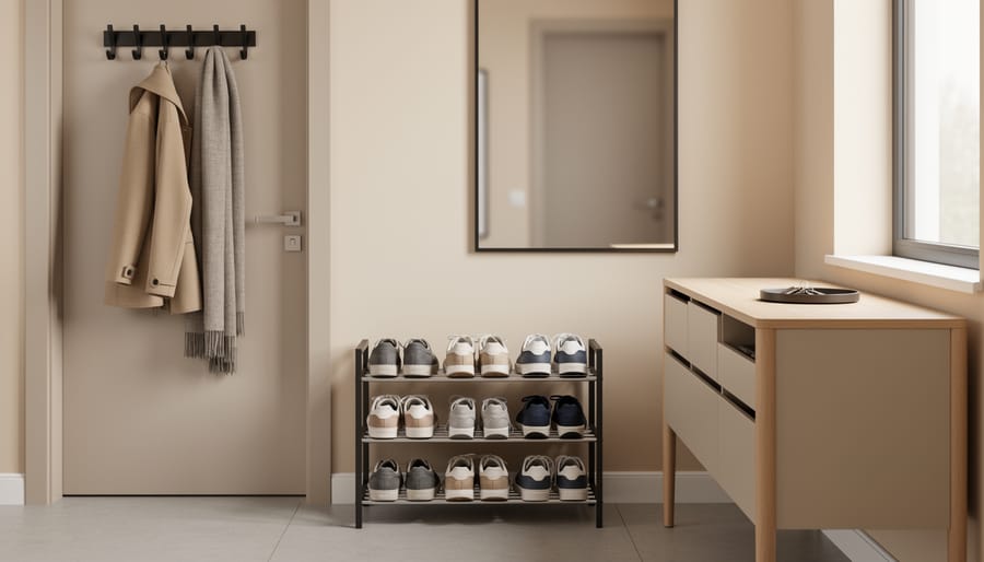 Organized rental entryway with a freestanding shoe rack, an over-the-door coat organizer, and a slim console table for keys and small items.