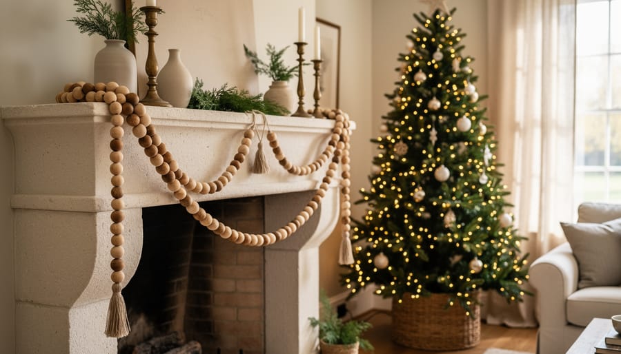 Rustic wooden bead garland draped across a French country mantel near a small Christmas tree